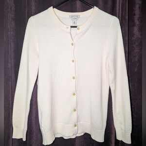 LL Bean Cardigan Sweater Women  Ivory Button Supima Cotton Waffle Knit Layer